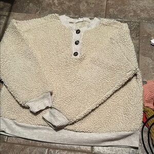 a.n.a Cream Crewneck Sweater Cozy Plush Fluffy Texture with Buttons